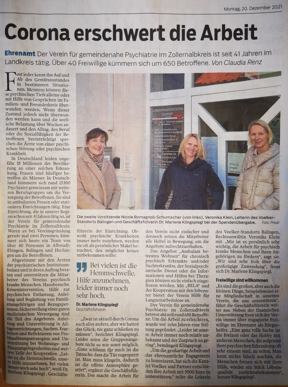 Artikel im Zollernalbkurier zur &Uuml;bergabe einer Spende der Kanzlei Voelker und Partner an den Verein